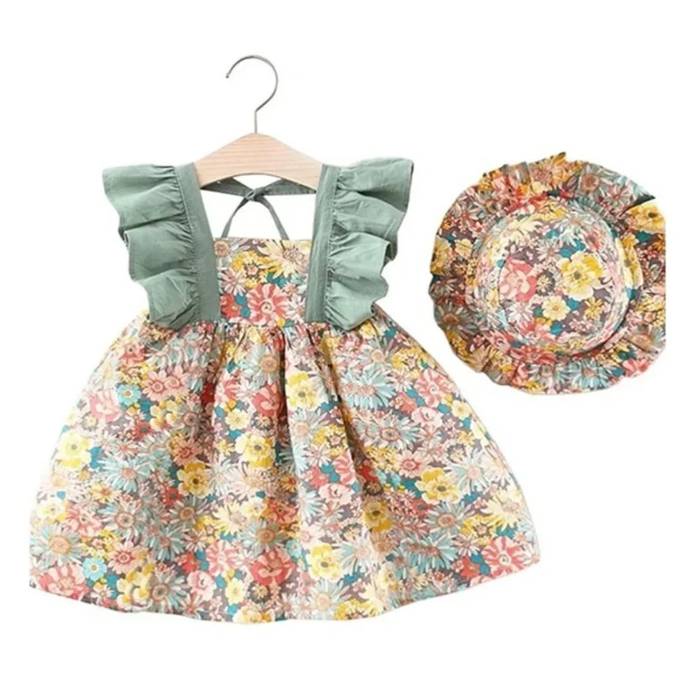 2T Floral Ruffled Cotton Little Girl Dress & Hat